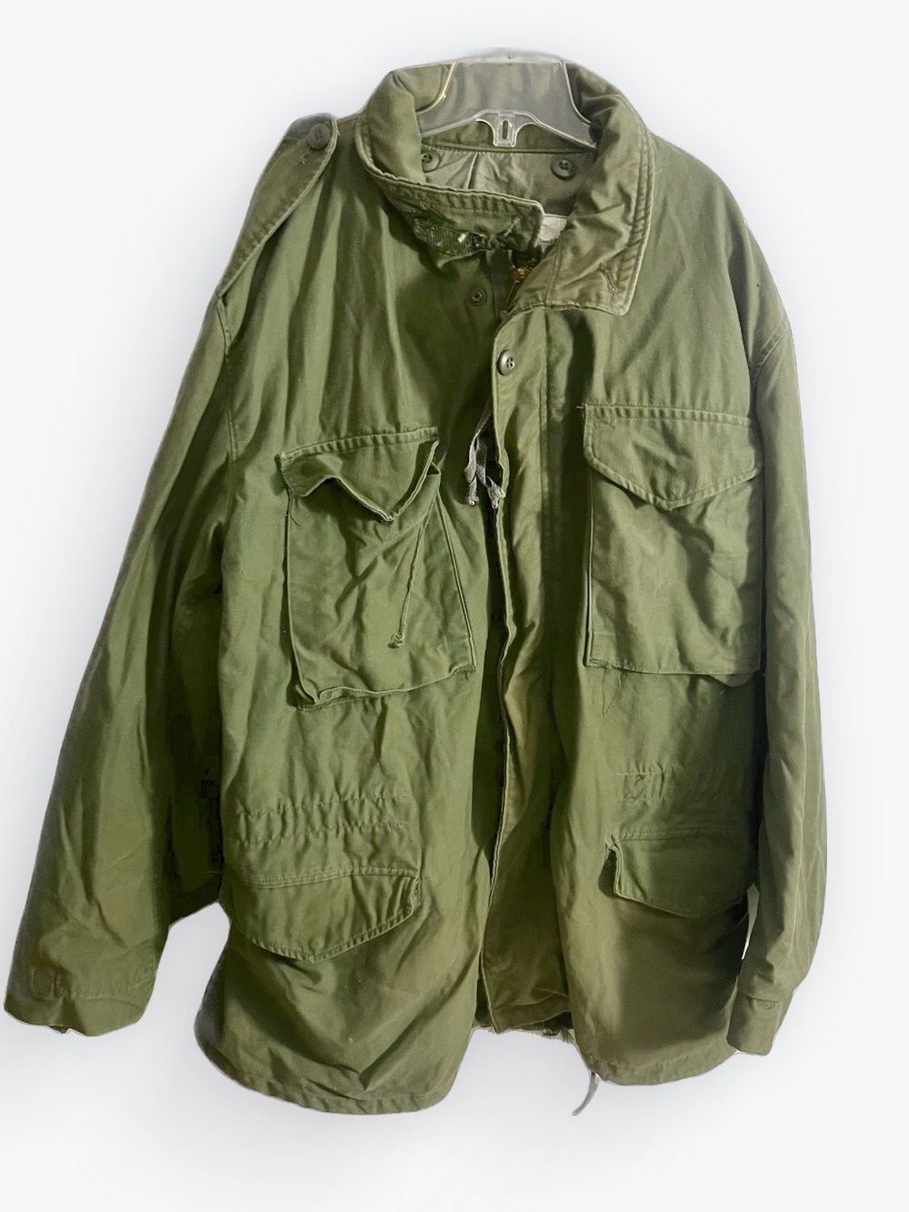 Vintage Olive Green Military Field Jacket Men's Distressed Coat Size Large Long